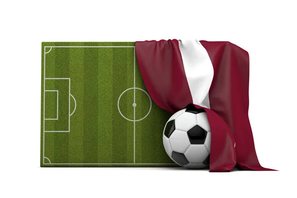 Vlajka země Lotyšska přehozená přes fotbalové fotbalové hřiště a míč — Stock fotografie