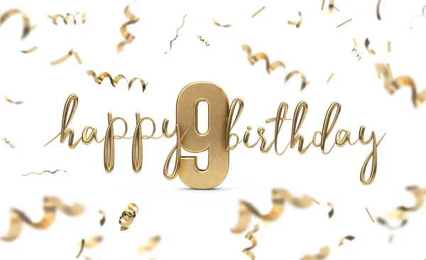 Happy 9th birthday gold greeting background. 3D Rendering