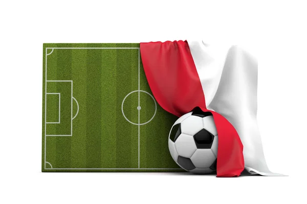 Poland country flag draped over a football soccer pitch and ball — Stock Photo, Image