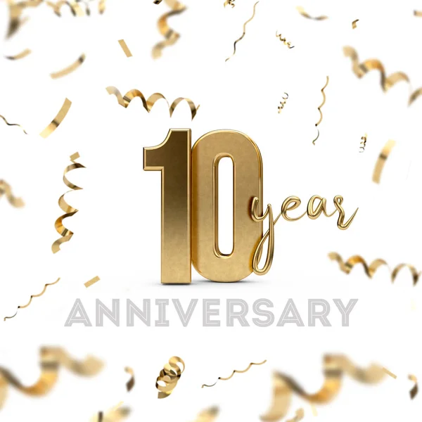 Празднование 10-летия. Золотое число с золотым конфеттом — стоковое фото