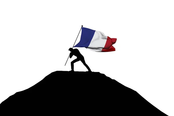 Drapeau de France poussé au sommet d'une montagne par une silhouette masculine . — Photo