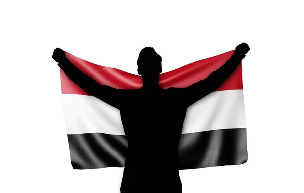 예멘 국기를 들고 남성 실루엣. 3D 렌더링 — 스톡 사진
