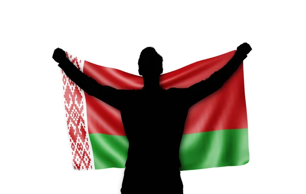 Ανδρική σιλουέτα που κατέχει την εθνική σημαία της Λευκορωσίας. Απόδοση 3D — Φωτογραφία Αρχείου