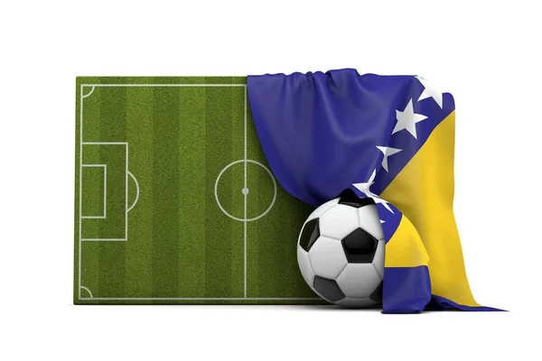 Bosnien-Flagge drapiert über Fußballplatz und Ball — Stockfoto