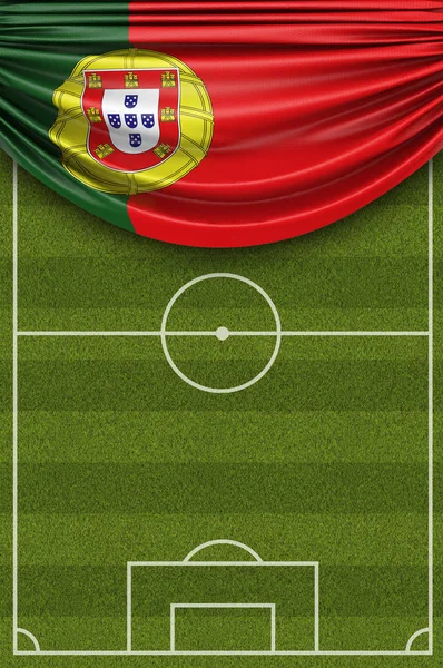 Πορτογαλία σημαία χώρα ντραπέ πάνω από ένα ποδοσφαιρικό γήπεδο ποδοσφαίρου. 3D Re — Φωτογραφία Αρχείου
