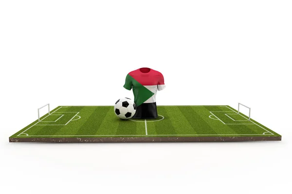 Camiseta de fútbol de Sudán bandera nacional en un campo de fútbol. 3D Renderi — Foto de Stock