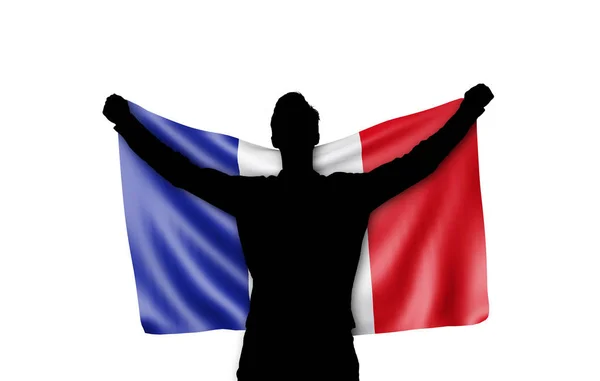 Silhouette masculine tenant le drapeau national de France. Rendu 3D — Photo