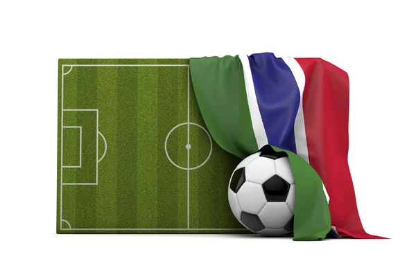 Gambia country flag draped over a football soccer pitch and ball — Stock Photo, Image