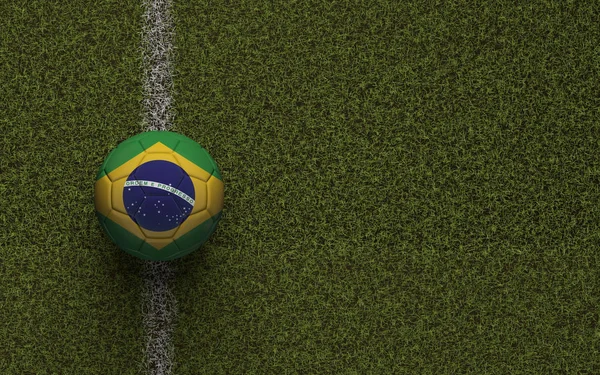 Bandeira do Brasil futebol em um campo de futebol verde. Renderização 3D — Fotografia de Stock