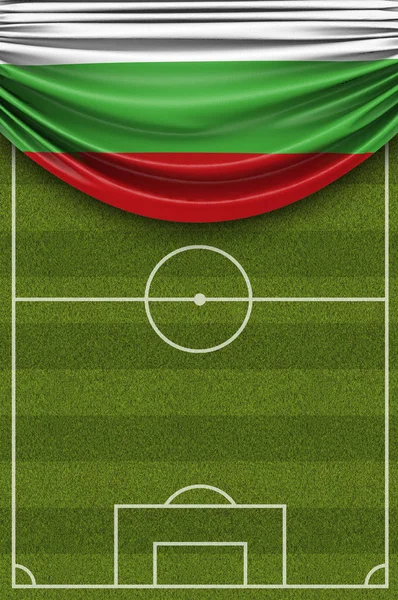 Bulgaria country flag draped over a football soccer pitch. 3D Re — Stock Photo, Image