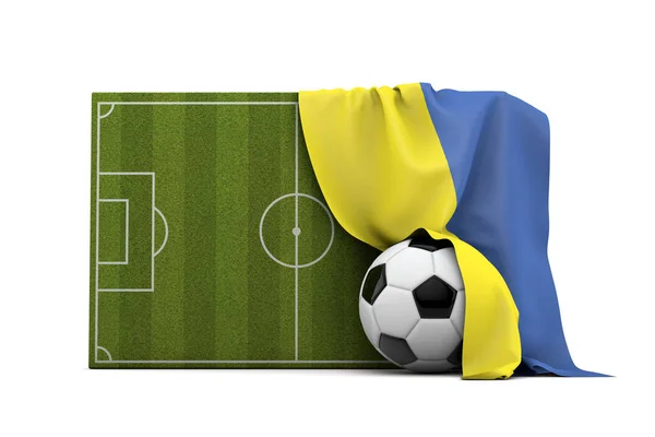 Ukraine country flag draped over a football soccer pitch and bal — Stock Photo, Image