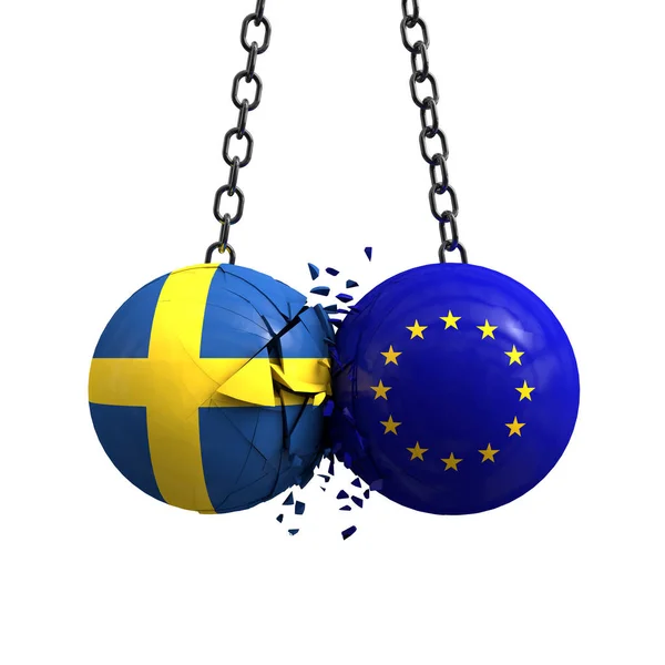Bandeira da Suécia e União Europeia bolas políticas esmagar em cada o — Fotografia de Stock