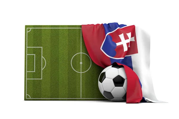 Slovakien land flagga draed över en fotbollsplan fotboll och ba — Stockfoto