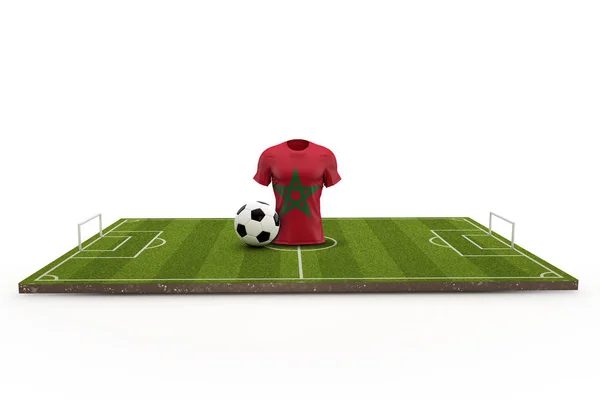 Camisa de fútbol marroquí bandera nacional en un campo de fútbol. 3D Rende — Foto de Stock