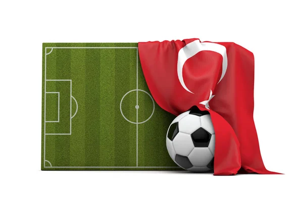 Vlajka země Turecka přehozená přes fotbalové fotbalové hřiště a míč — Stock fotografie