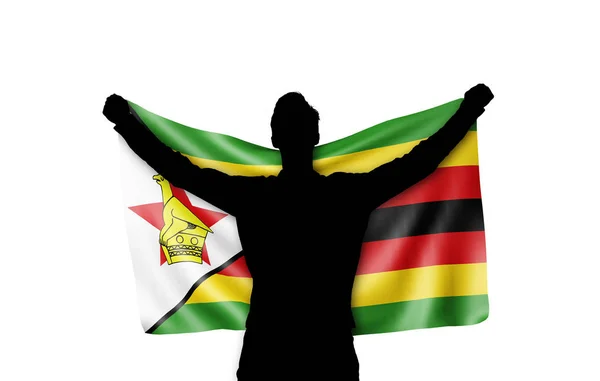 Silhouette masculine tenant le drapeau national du Zimbabwe. Rendu 3D — Photo