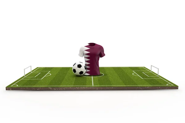 Camiseta de fútbol Qatar bandera nacional en un campo de fútbol. 3D Renderi — Foto de Stock