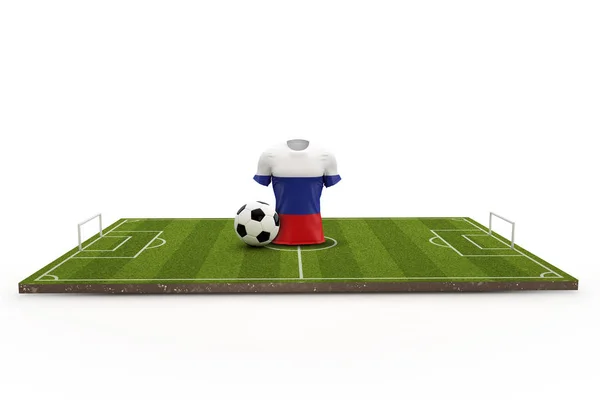 Camiseta de fútbol de Rusia bandera nacional en un campo de fútbol. Renderizado 3D —  Fotos de Stock
