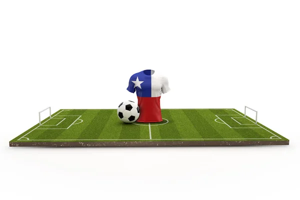 Camiseta de fútbol de Chile bandera nacional en un campo de fútbol. 3D Renderi —  Fotos de Stock