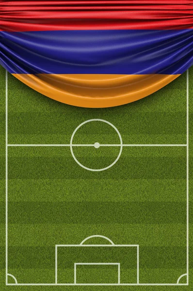 Bandera del país de Armenia envuelta sobre un campo de fútbol. 3D Ren —  Fotos de Stock