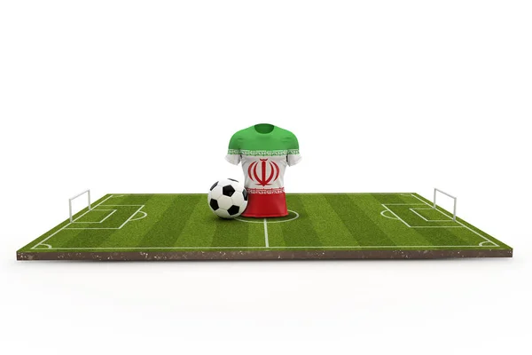 Camiseta de fútbol de Irán bandera nacional en un campo de fútbol. Renderina 3D — Foto de Stock