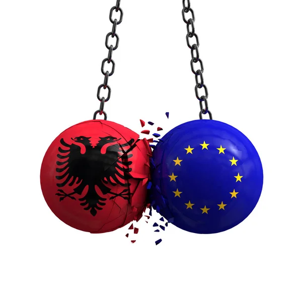 Bandeira da Albânia e União Europeia bolas políticas esmagar em cada — Fotografia de Stock