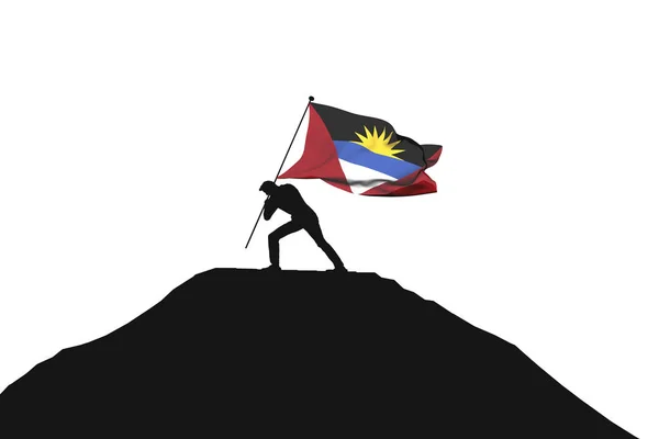 Antigua bandera siendo empujada a la cima de la montaña por una silueta masculina —  Fotos de Stock