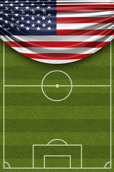 Flagge der Vereinigten Staaten drapiert über einem Fußballplatz. — Stockfoto