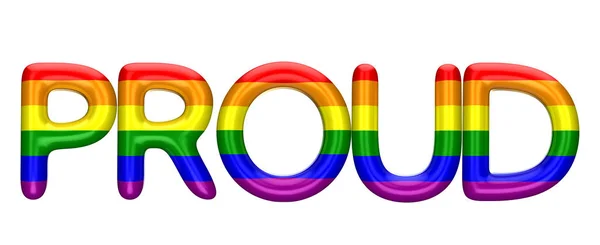 Palabra orgullosa hecha de brillantes letras de arco iris del orgullo gay LBGT. 3D Re — Foto de Stock