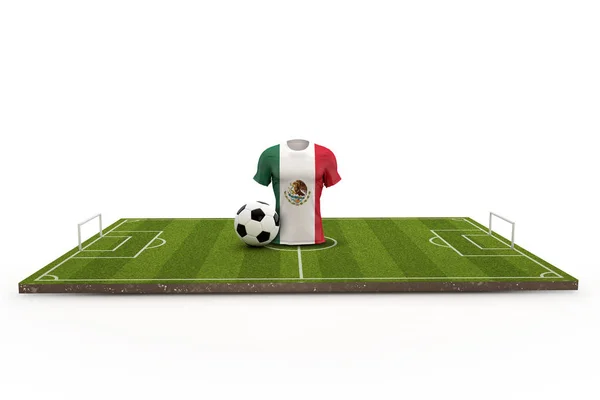 Mexico soccer shirt national flag on a football pitch. 3D Render