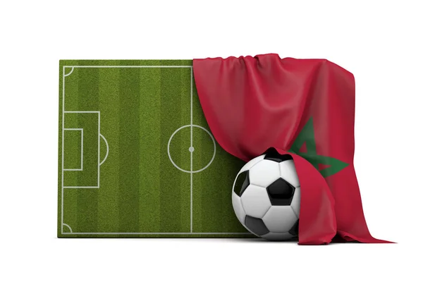 Morocco country flag draped over a football soccer pitch and bal — Stock Photo, Image