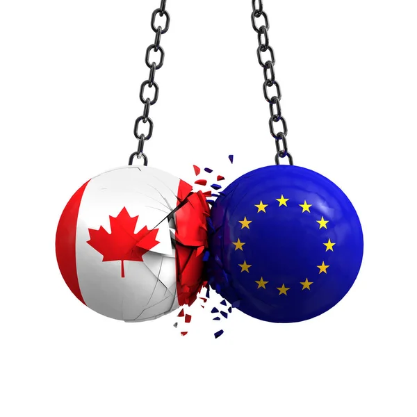 Bandeira do Canadá e União Europeia bolas políticas esmagar em cada o — Fotografia de Stock