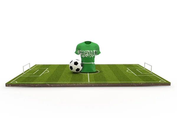 Camiseta de fútbol de Arabia Saudita bandera nacional en un campo de fútbol. 3D — Foto de Stock