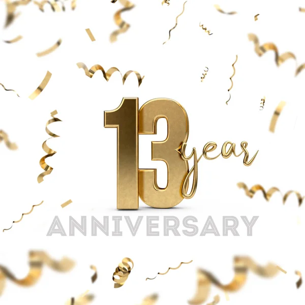 13 year anniversary celebration. Gold number with golden confett — Stock Photo, Image