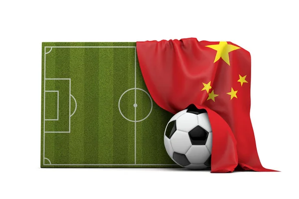 China country flag draped over a football soccer pitch and ball.
