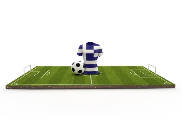 Greece soccer shirt national flag on a football pitch. 3D Render