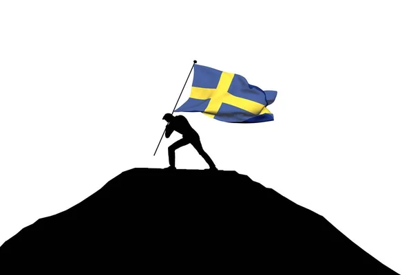 Bandeira da Suécia sendo empurrada para o topo da montanha por uma silhueta masculina . — Fotografia de Stock