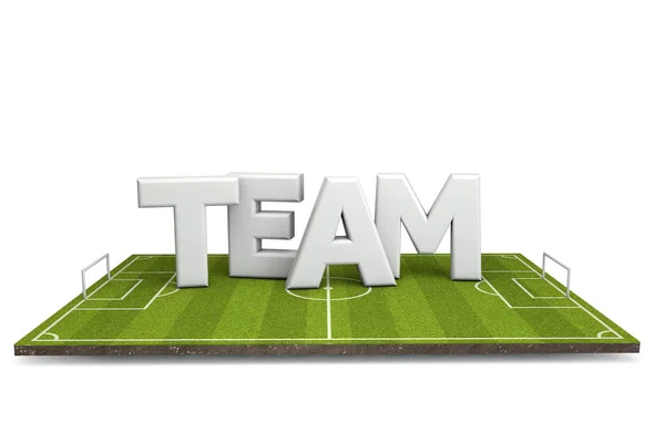 Foci, foci pályán fehér csapat szöveggel. 3D renderelés — Stock Fotó