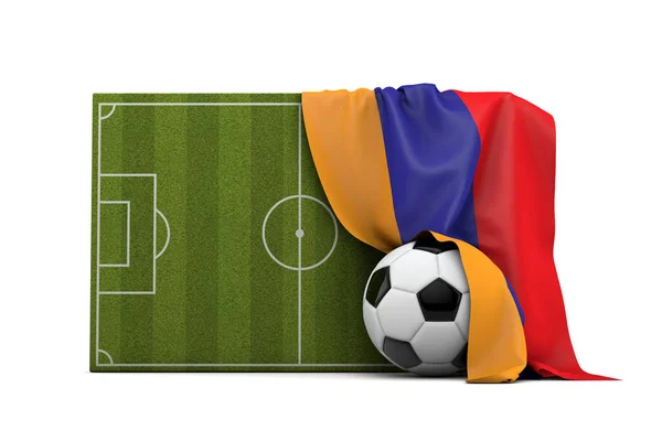 Armenia country flag draped over a football soccer pitch and bal — Stock Photo, Image