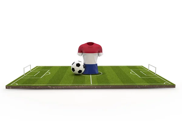 Camiseta de fútbol holandesa bandera nacional en un campo de fútbol. 3D R — Foto de Stock