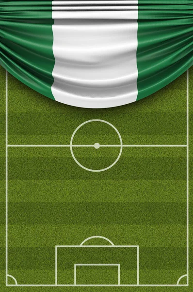 축구 경기장 위에 드리워진 나이지리아 국가 깃발. 3D 렌 — 스톡 사진