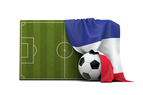 サッカーのピッチとボールの上にドレープフランスの国旗 — ストック写真