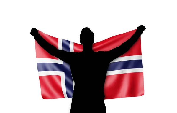 Ανδρική σιλουέτα που κρατά την εθνική σημαία της Νορβηγίας. Απόδοση 3D — Φωτογραφία Αρχείου
