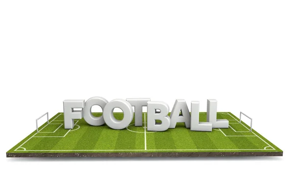 Ποδόσφαιρο, γήπεδο ποδοσφαίρου με λευκό κείμενο. Απόδοση 3D — Φωτογραφία Αρχείου