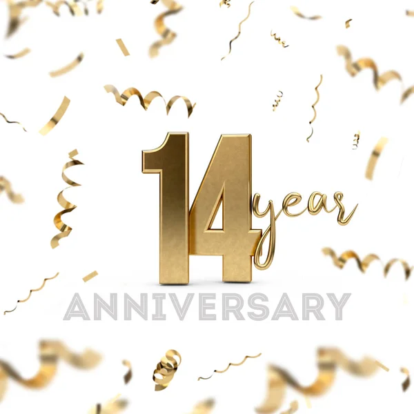 14 year anniversary celebration. Gold number with golden confett — Stock Photo, Image