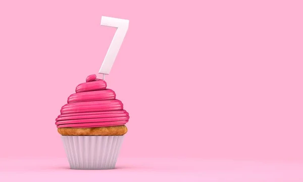 Cupcake d'anniversaire rose numéro 7. Rendu 3D — Photo