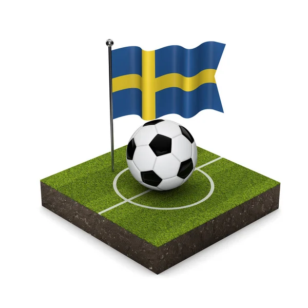 Sveriges flagg fotbolls koncept. Flagga, boll och fotboll pitch ansträng — Stockfoto