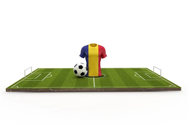 Camiseta de fútbol de Rumania bandera nacional en un campo de fútbol. 3D Rende — Foto de Stock
