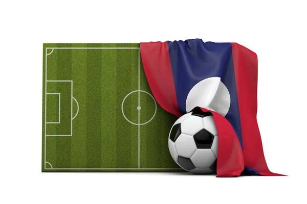 Laos country flag draped over a football soccer pitch and ball. — Stock Photo, Image