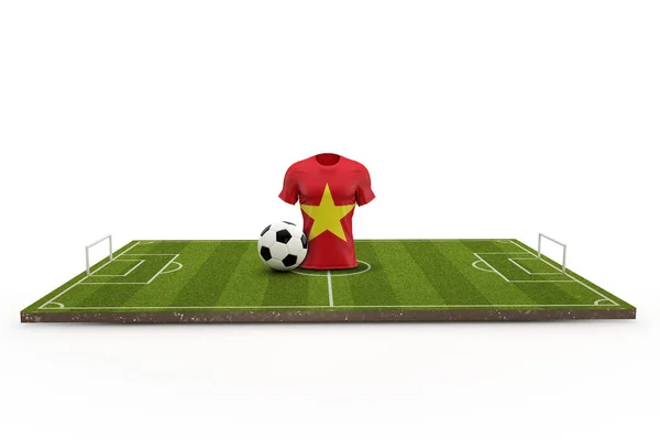 Camiseta de fútbol de Vietnam bandera nacional en un campo de fútbol. 3D Rende — Foto de Stock
